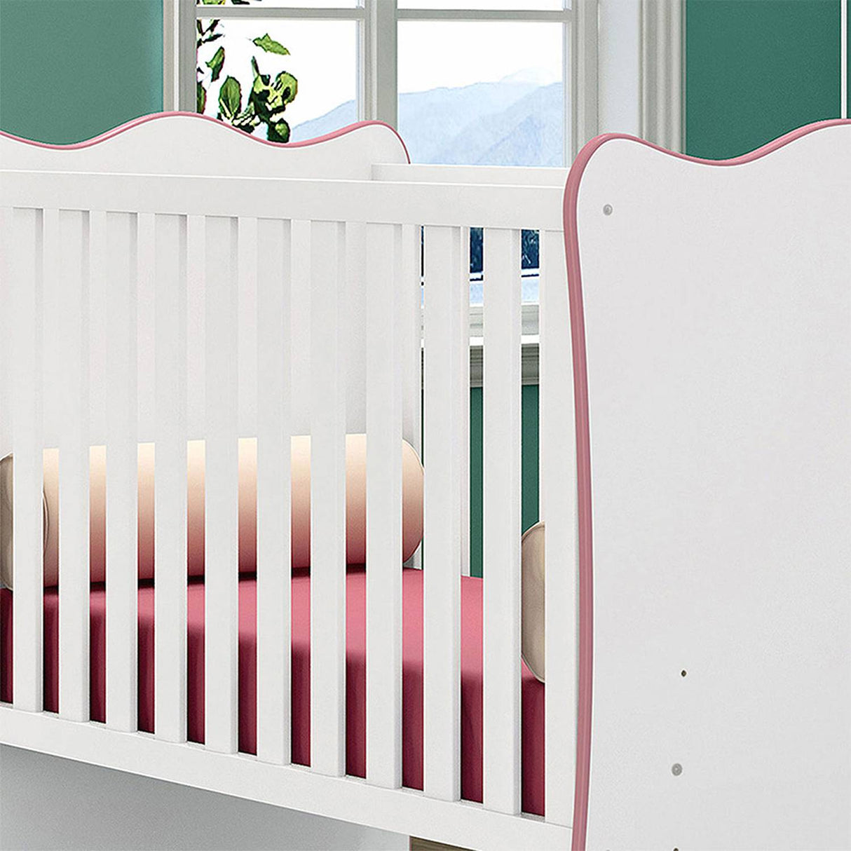 Cuna Rosario Blanco y Rosado 133.5x97.8cm para Colchón Infantil 60 X 130 Cm con Cabecero - Camas y Cabeceros | Bylmo