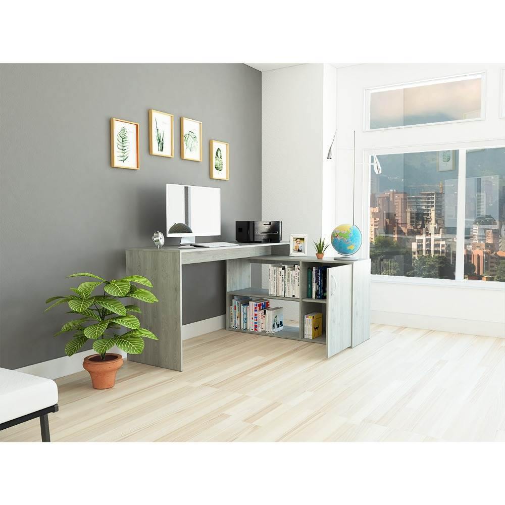 Escritorio en L Axis Ceniza 151x76.5cm sin Cajones y con Organizador de Libros - Escritorios y Archivadores | Bylmo
