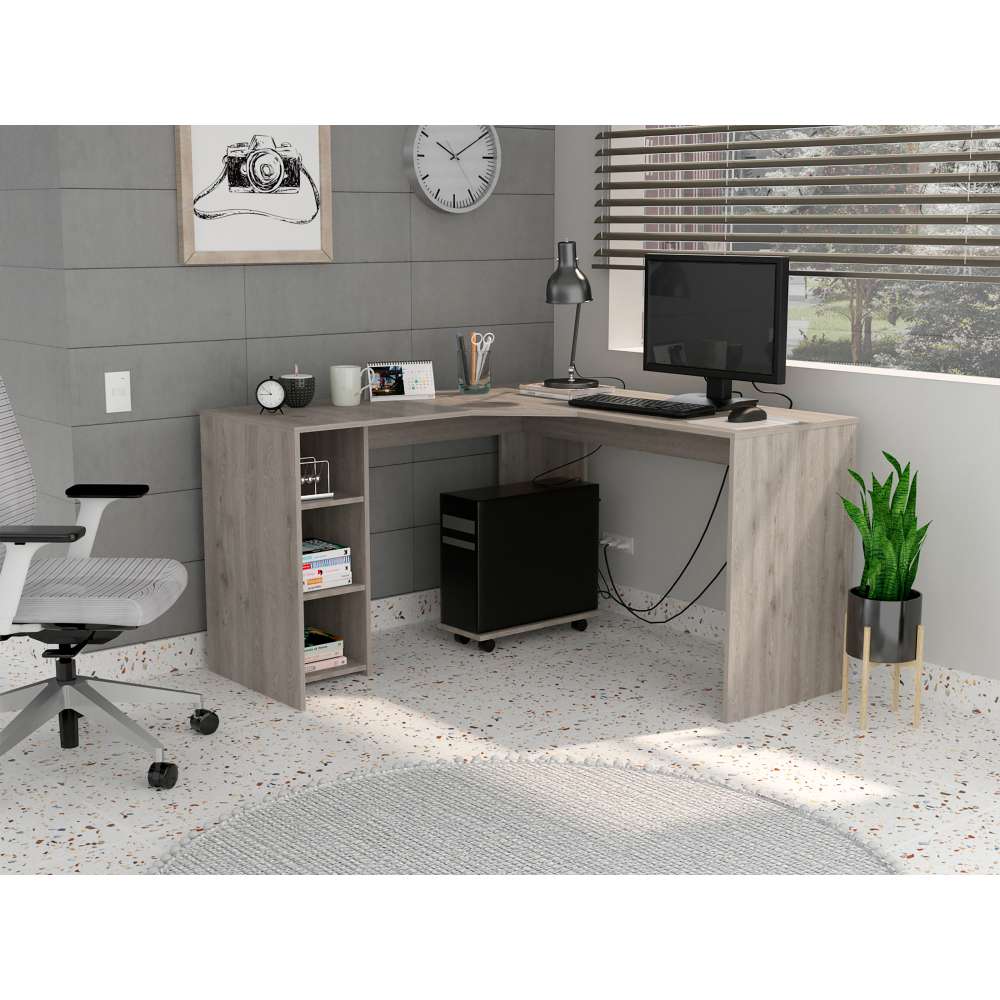 Escritorio en L Baggio Ceniza 130 cm con Entrepaños - Escritorios y Archivadores | Bylmo