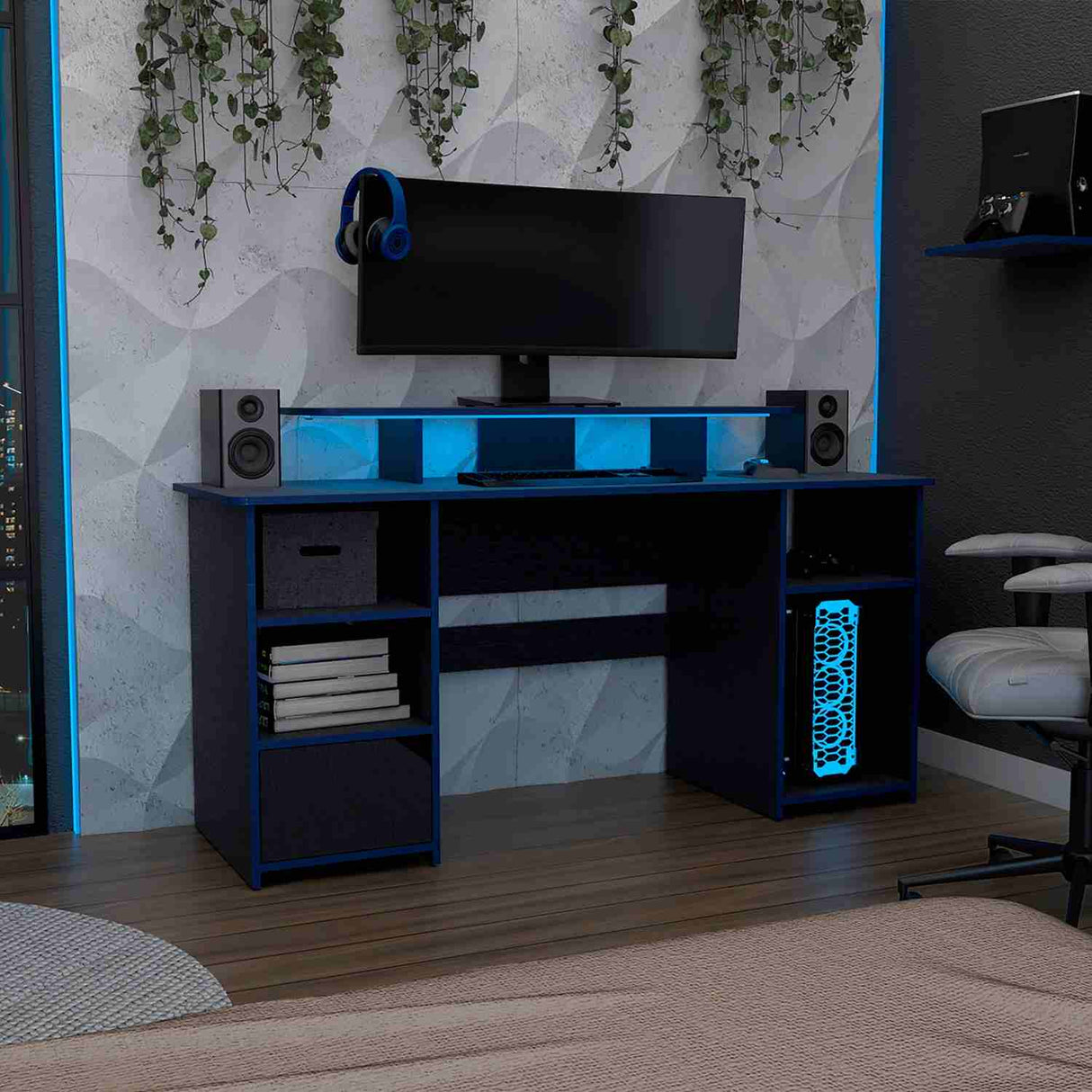 Escritorio Gamer Keria Wengue 157 cm con Entrepaño para Pantalla y Luz Led - Escritorios | Bylmo