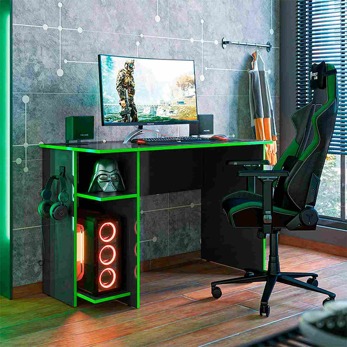 Escritorio Gamer Lyon Negro - Verde 114 cm con Compartimiento - Escritorios | Bylmo