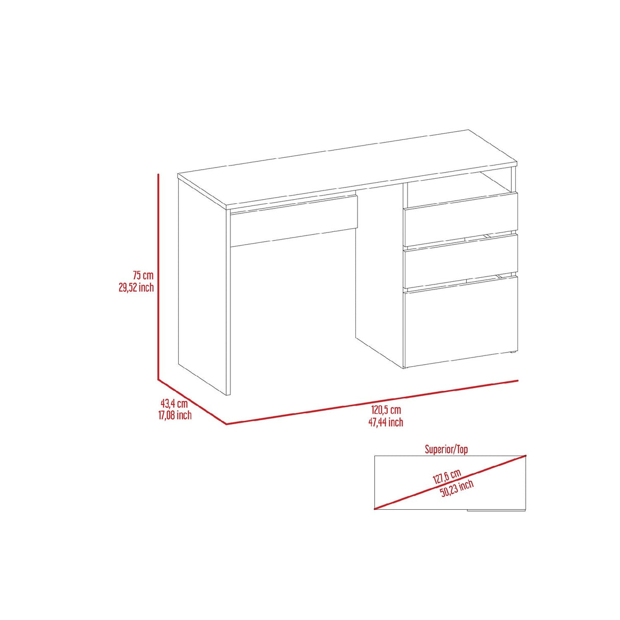 Escritorio Lucca Ceniza 121 cm x 75 cm con 1 Entrepaño, 2 Cajones y 1 Archivador Inferior - Escritorios | Bylmo