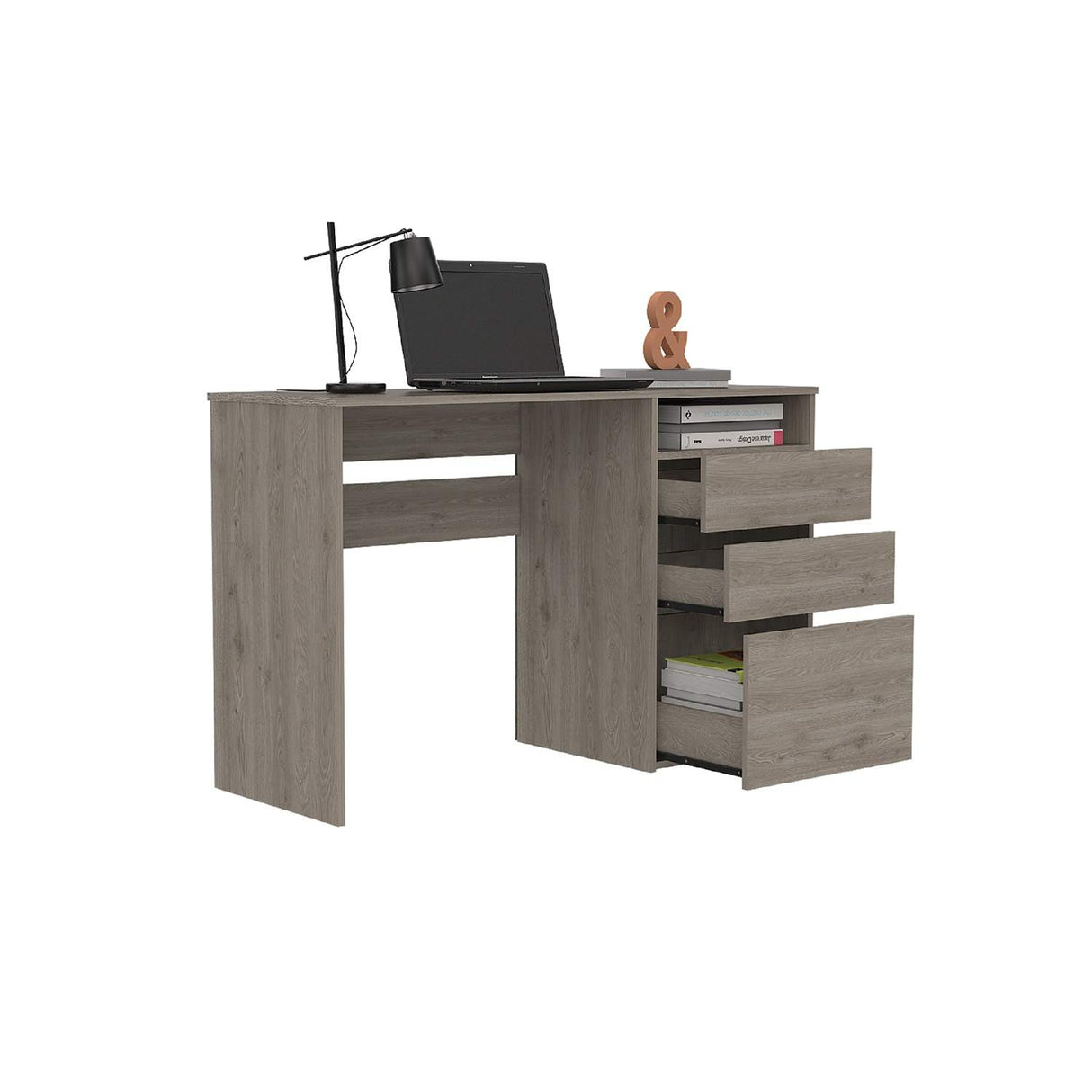 Escritorio Lucca Ceniza 121 cm x 75 cm con 1 Entrepaño, 2 Cajones y 1 Archivador Inferior - Escritorios | Bylmo