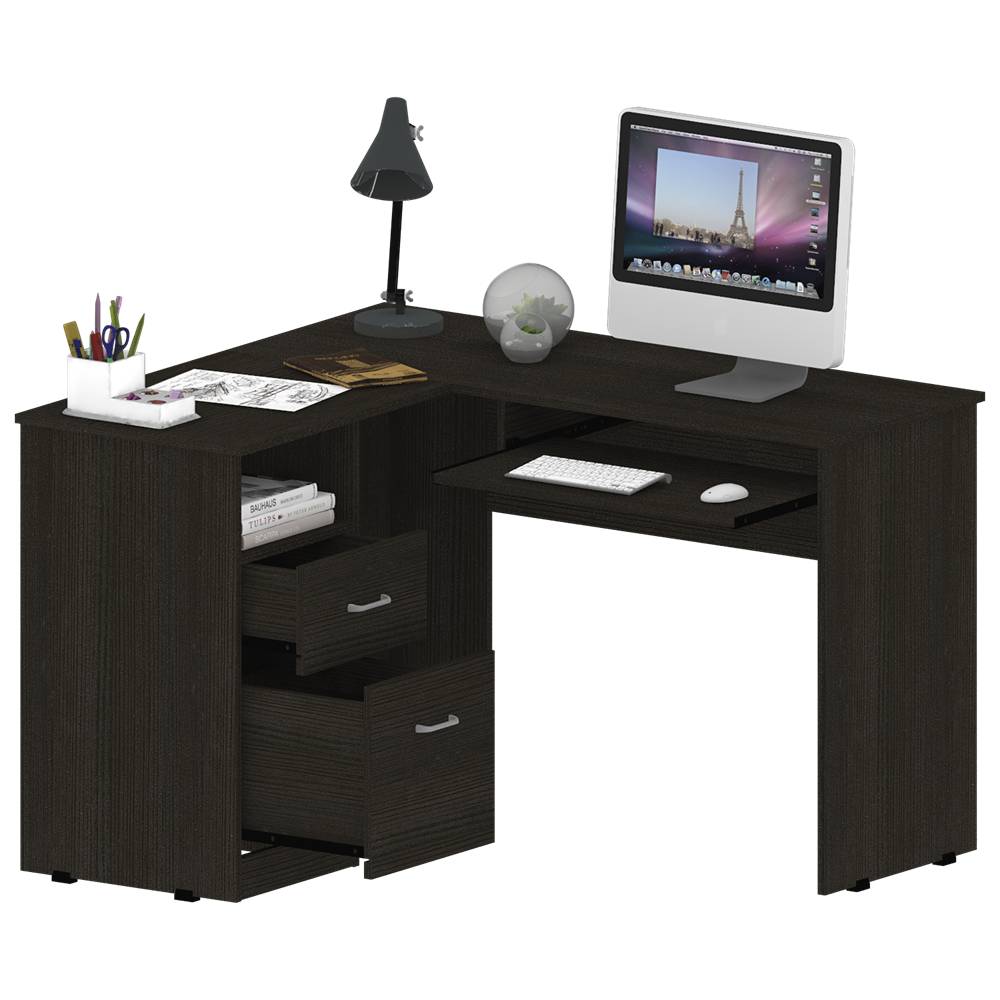 Escritorio en L Mix Wengue 120.1x77.2cm Con Dos Cajones y con Organizador de Libros - Escritorios y Archivadores | Bylmo