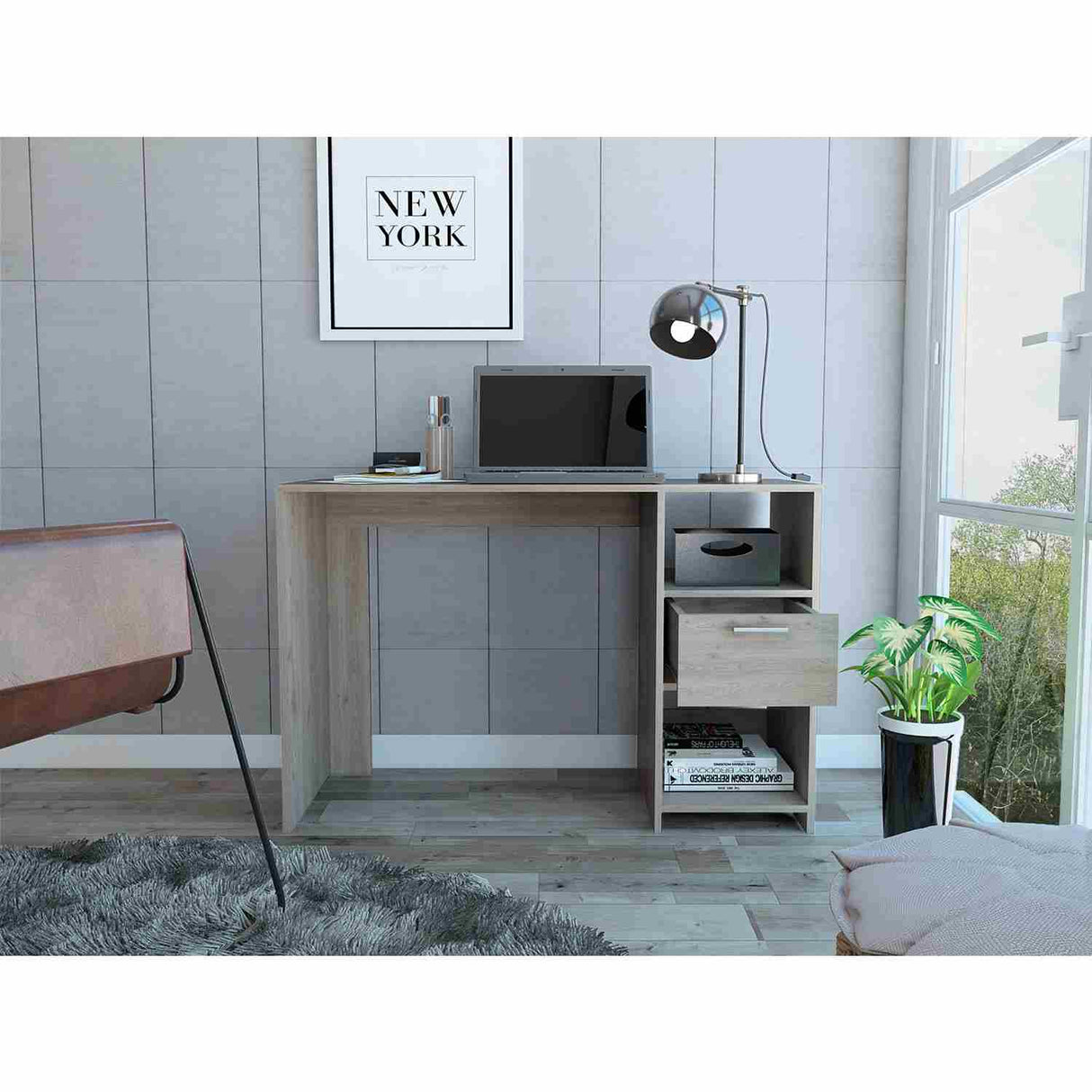 Escritorio Omma Ceniza 110 cm con Un Cajón y Dos Entrepaños - Escritorios | Bylmo