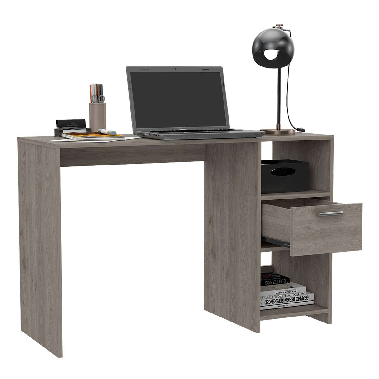 Escritorio Omma Ceniza 110 cm con Un Cajón y Dos Entrepaños - Escritorios | Bylmo