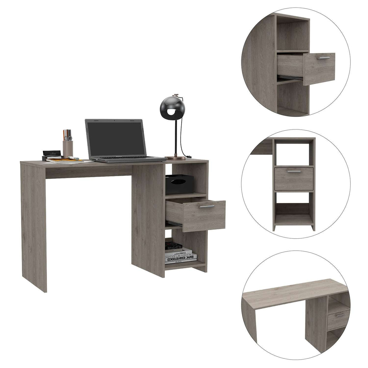 Escritorio Omma Ceniza 110 cm con Un Cajón y Dos Entrepaños - Escritorios | Bylmo