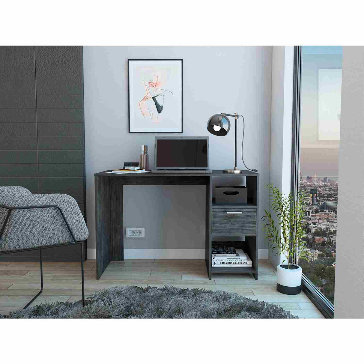 Escritorio Omma Roble Gris 110 cm con Un Cajón y Dos Entrepaños - Escritorios | Bylmo