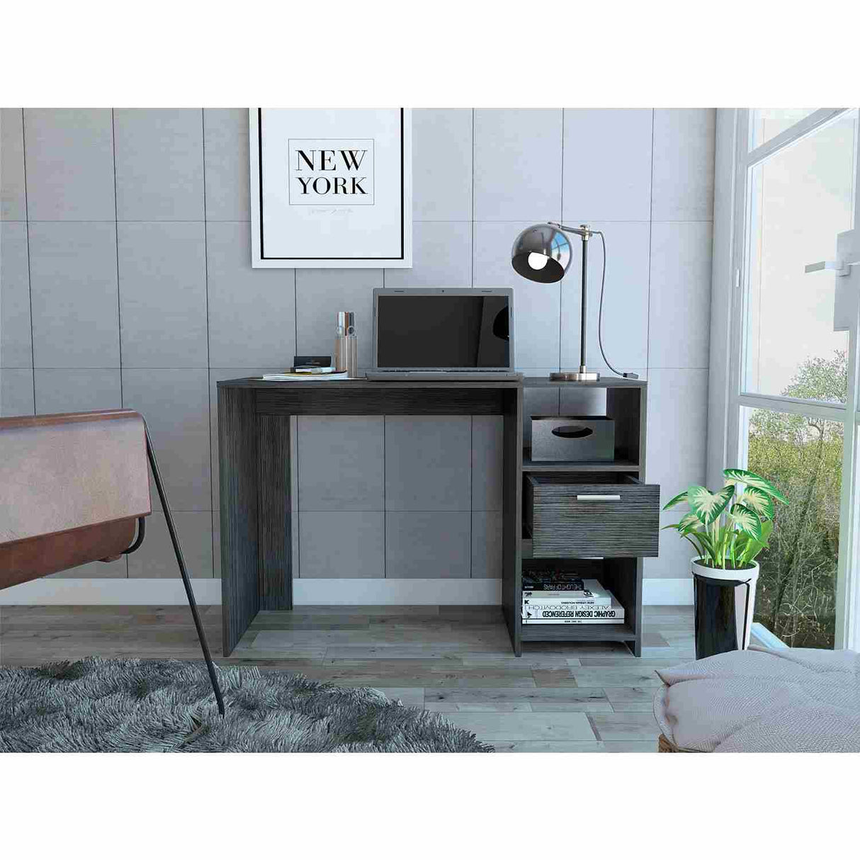 Escritorio Omma Roble Gris 110 cm con Un Cajón y Dos Entrepaños - Escritorios | Bylmo