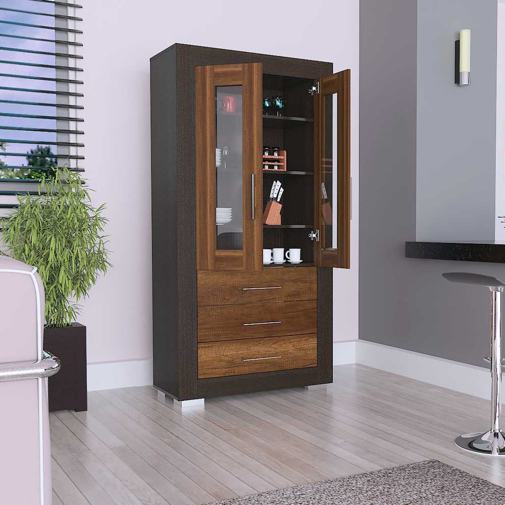 Vitrina Albatros Wengue 90x182cm con Cuatro Compartimientos y con Tres Cajones - Bifes | Bylmo