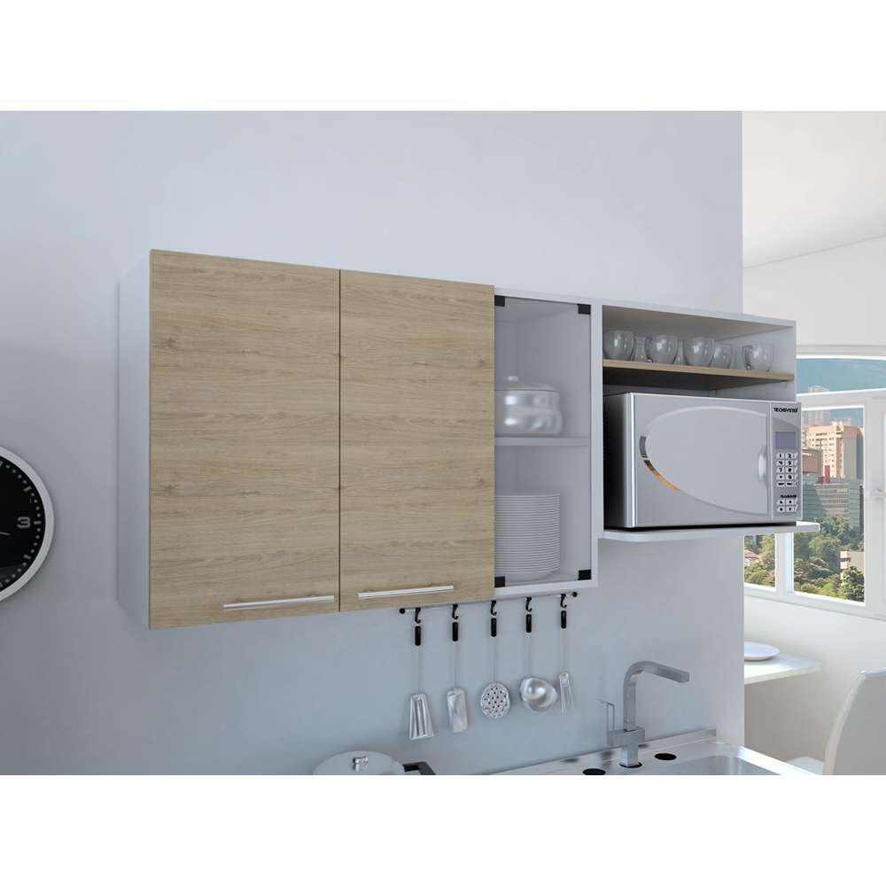 Mueble Superior de Cocina Gina Blanco y Rovere 150x60.2cm con Dos Puertas con Locero y con Espacio para Microondas - Cocinas | Bylmo