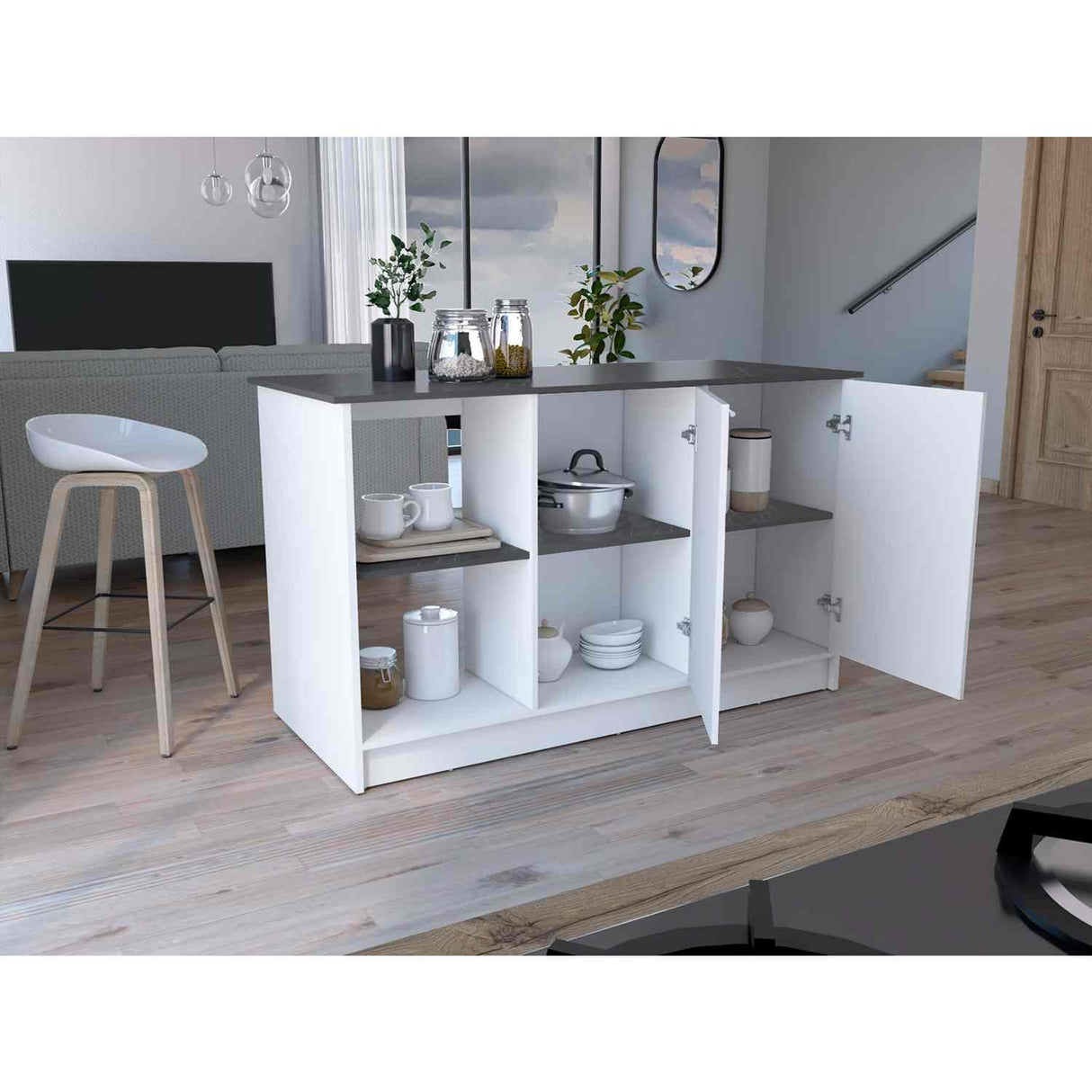 Isla de Cocina Juniper Onix 150x90cm con Tres Entrepaños y Seis Compartimientos - Barras y Muebles Auxiliares | Bylmo