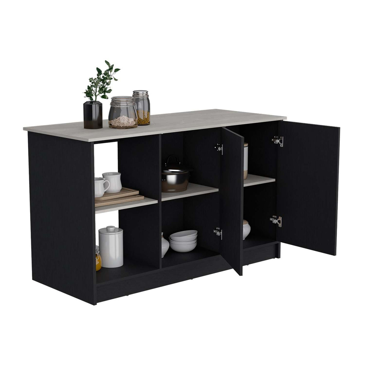 Isla de Cocina Juniper Wengue y Ibiza 150x90cm con Tres Entrepaños y Seis Compartimientos - Barras y Muebles Auxiliares | Bylmo