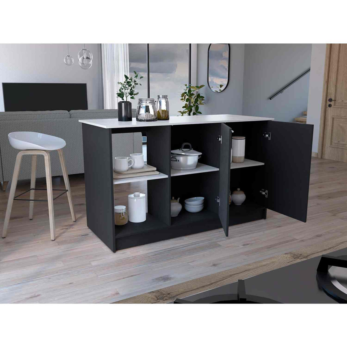 Isla de Cocina Juniper Wengue y Ibiza 150x90cm con Tres Entrepaños y Seis Compartimientos - Barras y Muebles Auxiliares | Bylmo