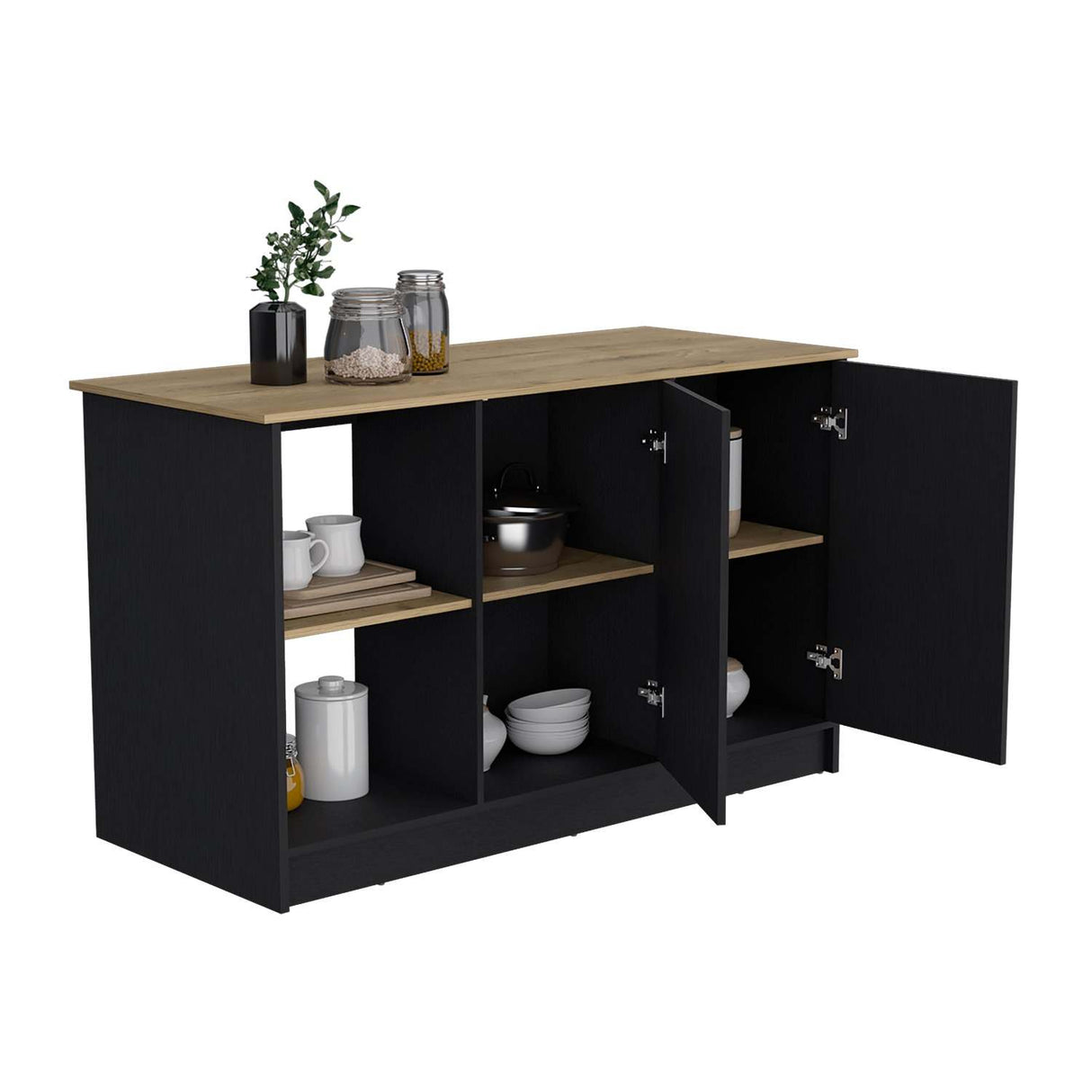 Isla de Cocina Juniper Wengue y Macadamia 150x90cm con Tres Entrepaños y Seis Compartimientos - Barras y Muebles Auxiliares | Bylmo