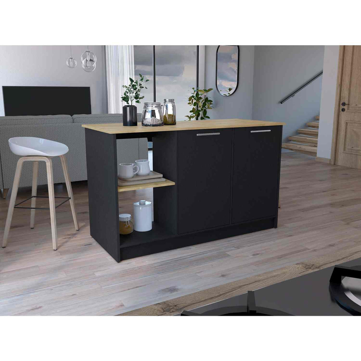 Isla de Cocina Juniper Wengue y Macadamia 150x90cm con Tres Entrepaños y Seis Compartimientos - Barras y Muebles Auxiliares | Bylmo
