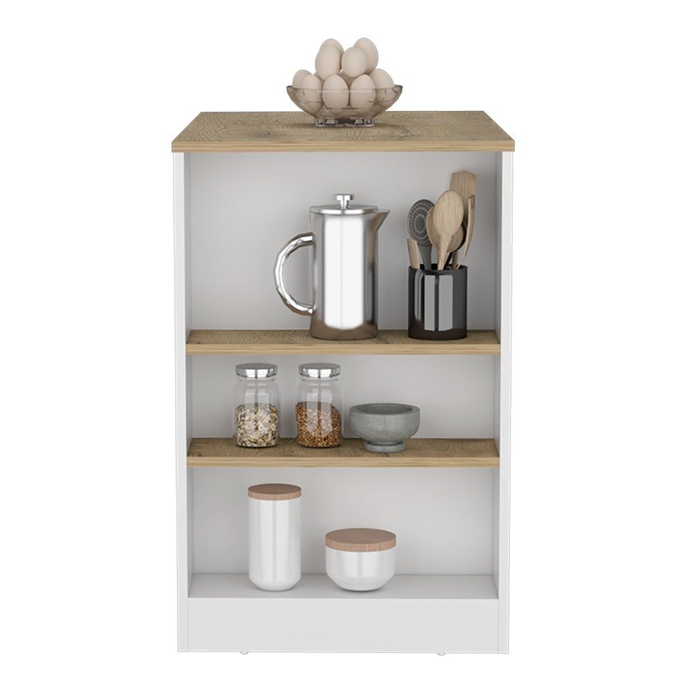 Isla de Cocina Macadamia 92x91cm con Dos Entrepaños y Tres Compartimientos - Barras y Muebles Auxiliares | Bylmo