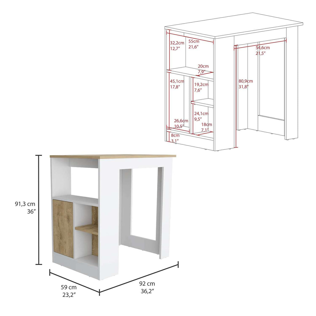 Isla de Cocina Stirling Blanco 92x91cm con Dos Entrepaños y Tres Compartimientos - Barras y Muebles Auxiliares | Bylmo