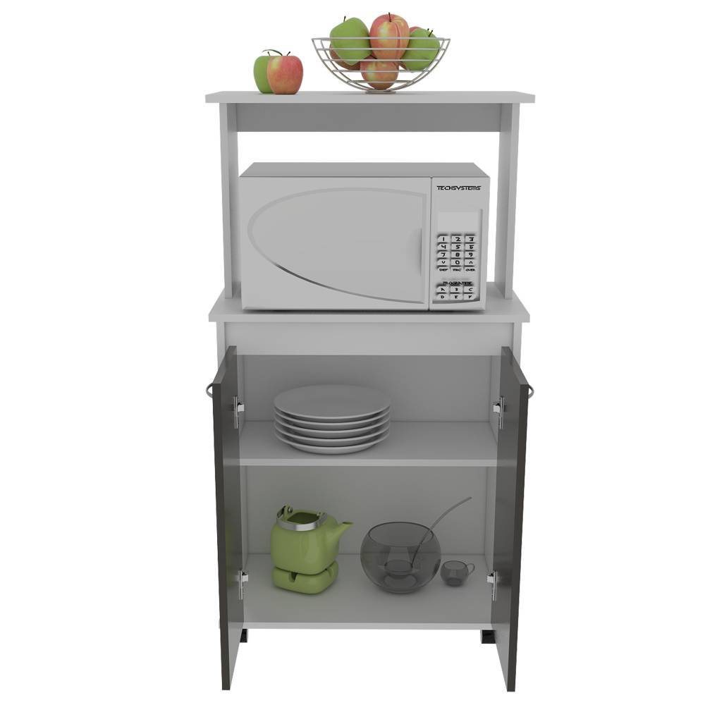 Mueble Microondas Blanco y Wengue 63x113.5cm con Dos Entrepaños y Tres Compartimientos - Muebles Organizadores | Bylmo