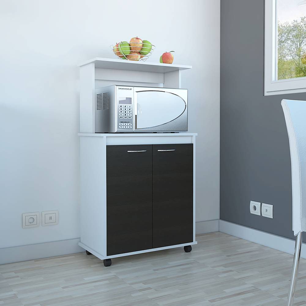 Mueble Microondas Blanco y Wengue 63x113.5cm con Dos Entrepaños y Tres Compartimientos - Muebles Organizadores | Bylmo