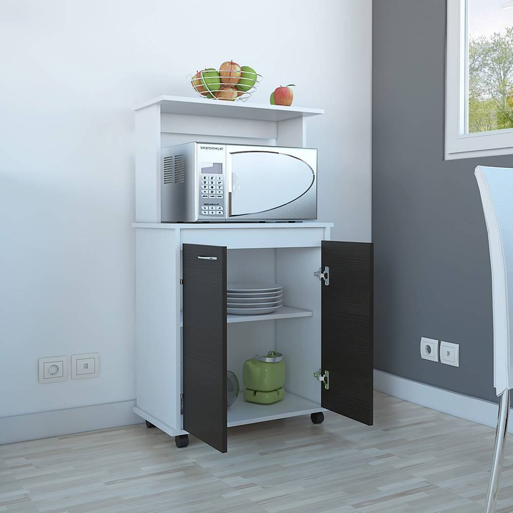 Mueble Microondas Blanco y Wengue 63x113.5cm con Dos Entrepaños y Tres Compartimientos - Muebles Organizadores | Bylmo