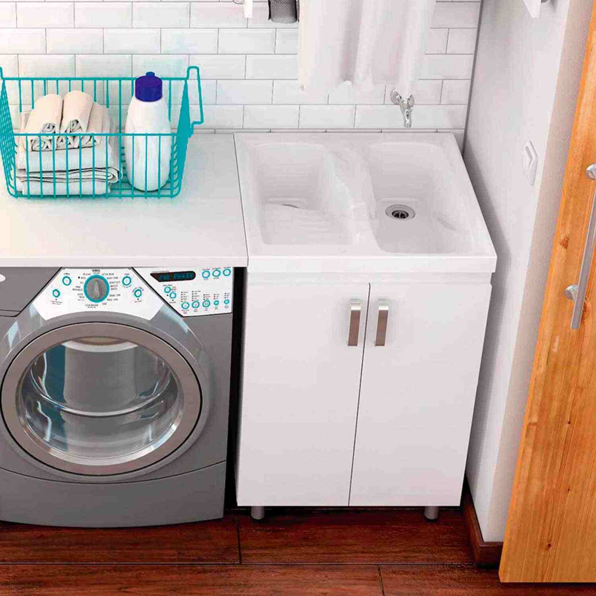 Lavadero Aqua Blanco 60 cm con Almacenamiento y Puertas - Muebles de Aseo y Ropas | Bylmo