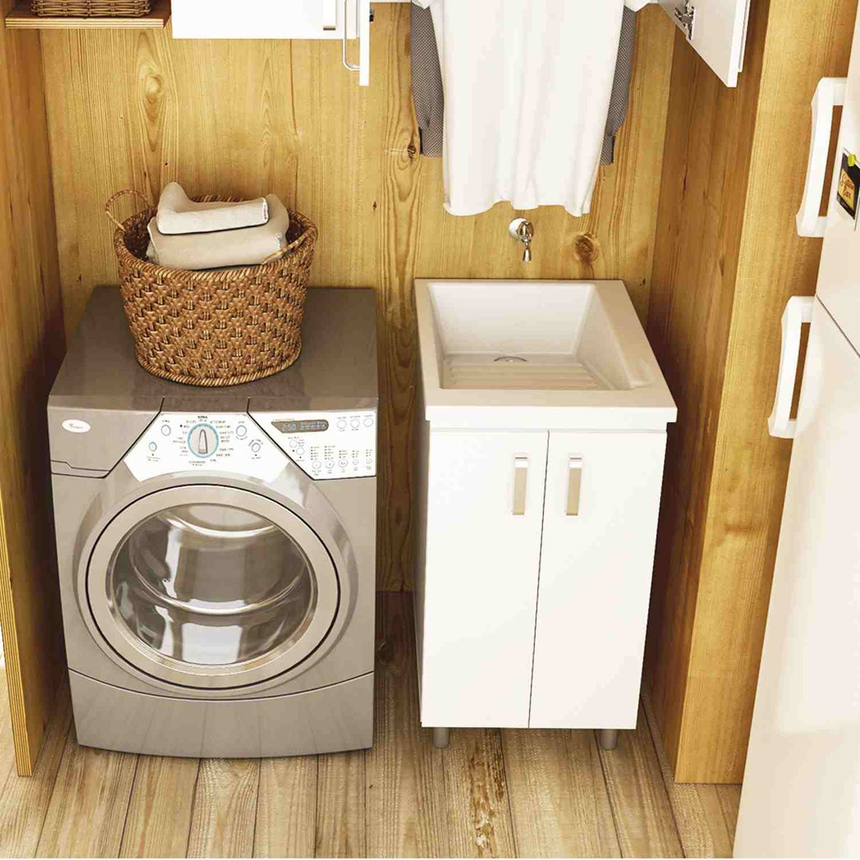 Lavadero Eco Arena y Blanco 48 cm con Almacenamiento y Puertas - Muebles de Aseo y Ropas | Bylmo