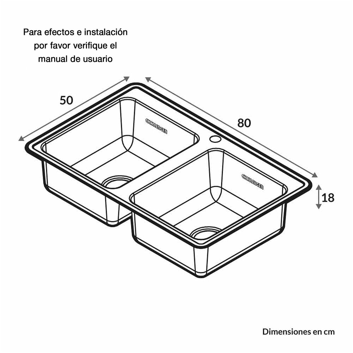 Lavaplatos de Empotrar Challenger Acero 80x18cm Rectangular Doble - Cocinas | Bylmo