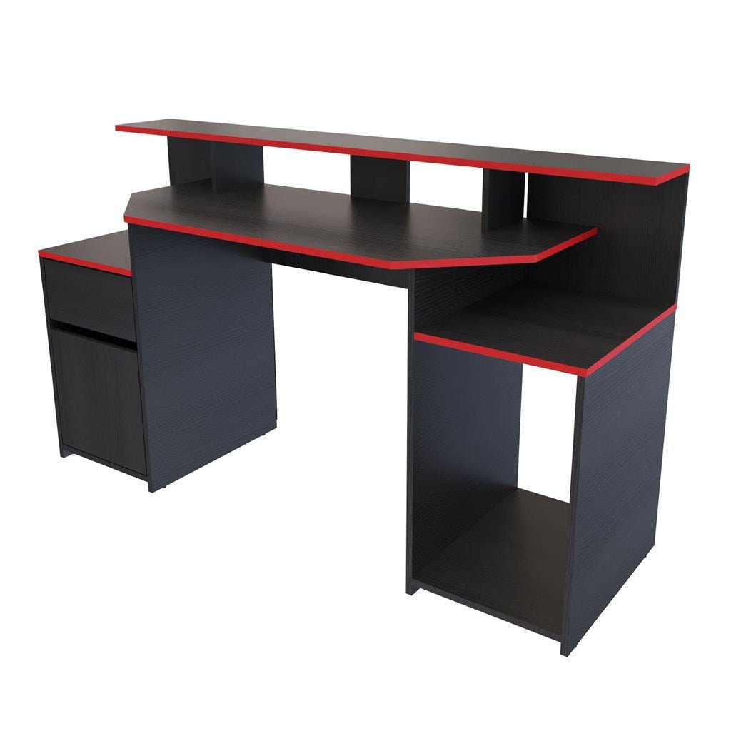 Escritorio Gamer Max Wengue y Rojo 150 cm con Cajón, Puerta y Entrepaños - Escritorios y Archivadores | Bylmo
