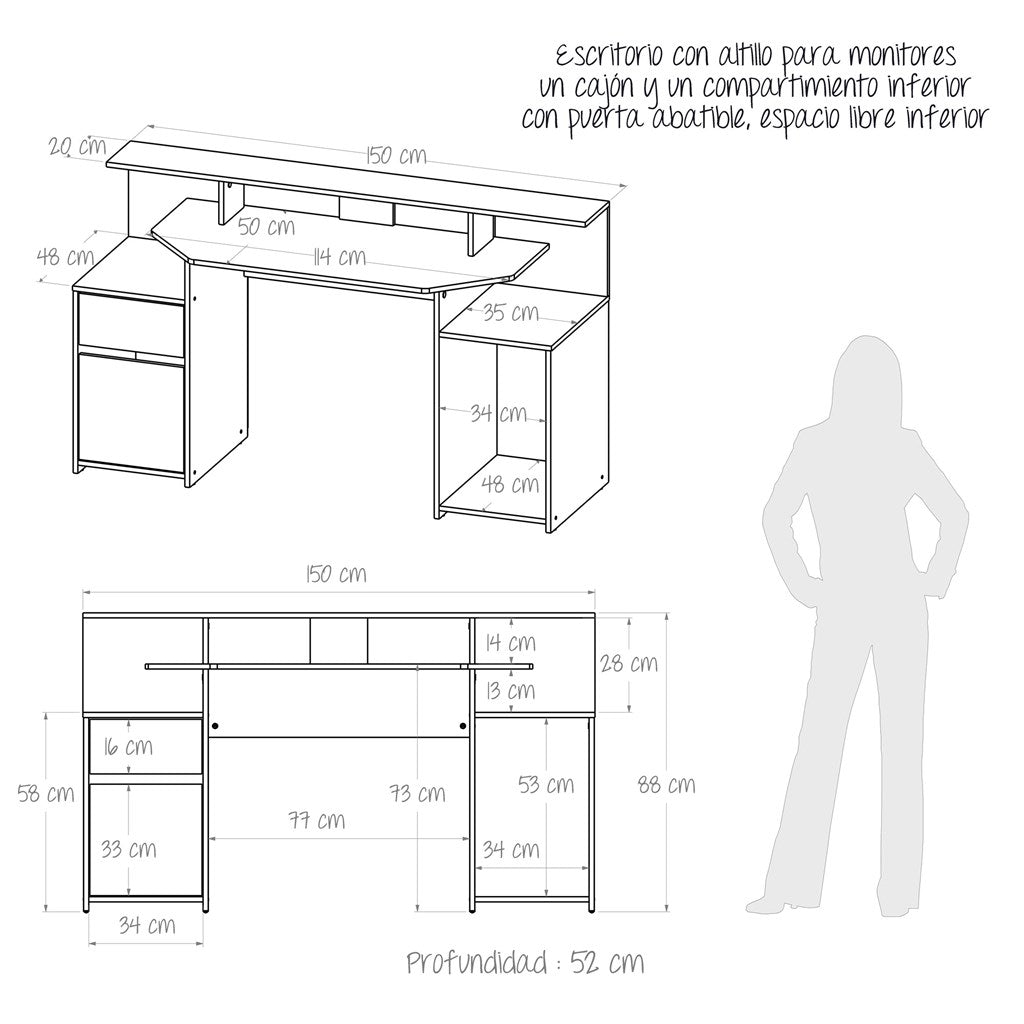 Escritorio Gamer Max Wengue y Rojo 150 cm con Cajón, Puerta y Entrepaños - Escritorios y Archivadores | Bylmo