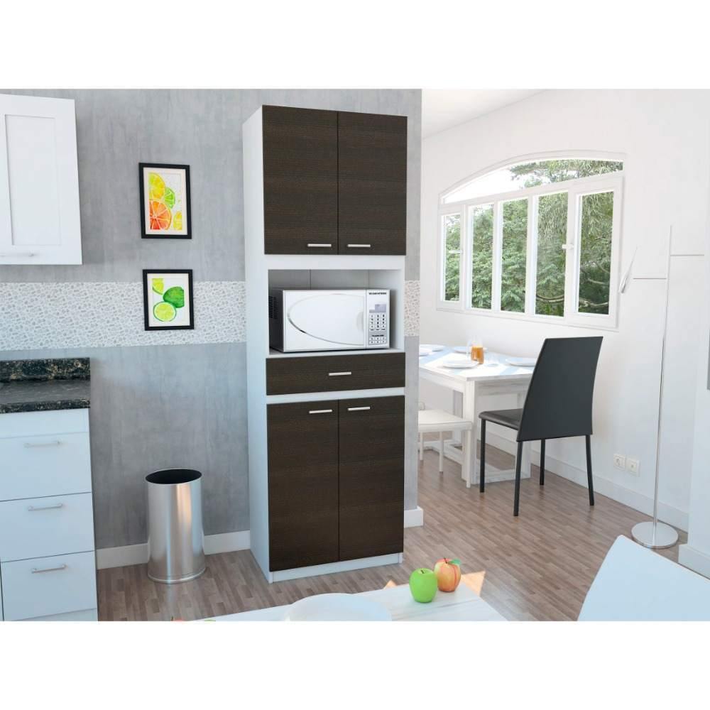 Módulo Para Microondas Bau Blanco y Wengue 62x196cm con Un Entrepaño y con Cuatro Puertas - Muebles Organizadores | Bylmo
