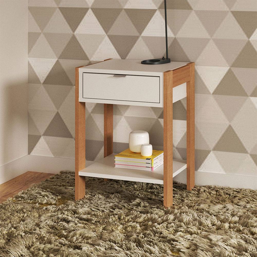 Mesa Alicante Blanco y Almendra 39 cm con Un Cajón - Mesas de Noche | Bylmo