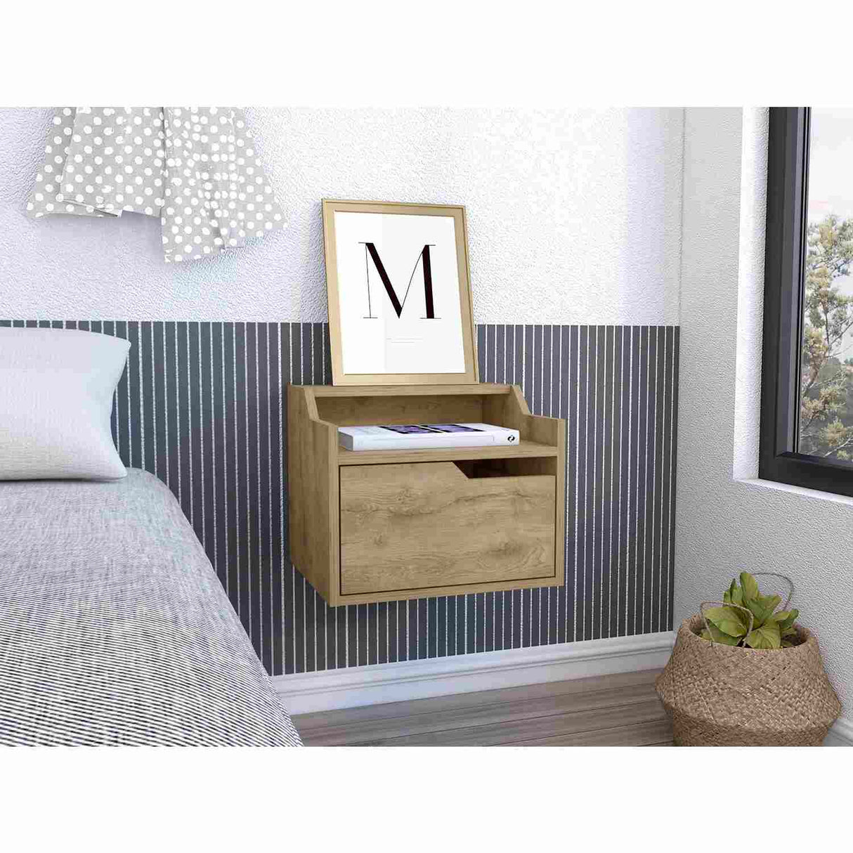 Mesa de Noche Flotante Busan Macadamia 40x33cm con Un Cajón y con Un Compartimiento - Mesas de Noche | Bylmo