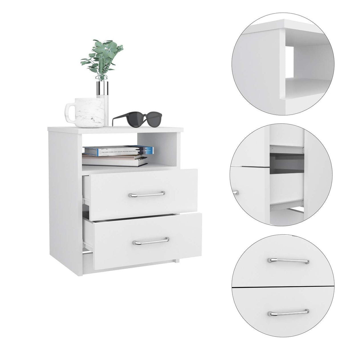 Mesa de Noche Napoles Blanco 41x51cm con Dos Cajones y con Un Compartimiento - Mesas de Noche | Bylmo