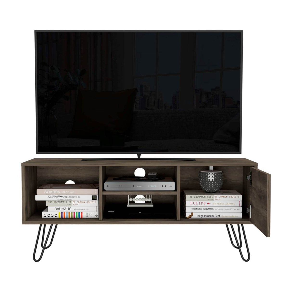 Mesa para TV Andorra Bellota 115x50cm Para TV Hasta 50 Pulgadas con Un Cajón con Ranuras para Cables y con Patas - Muebles de TV | Bylmo