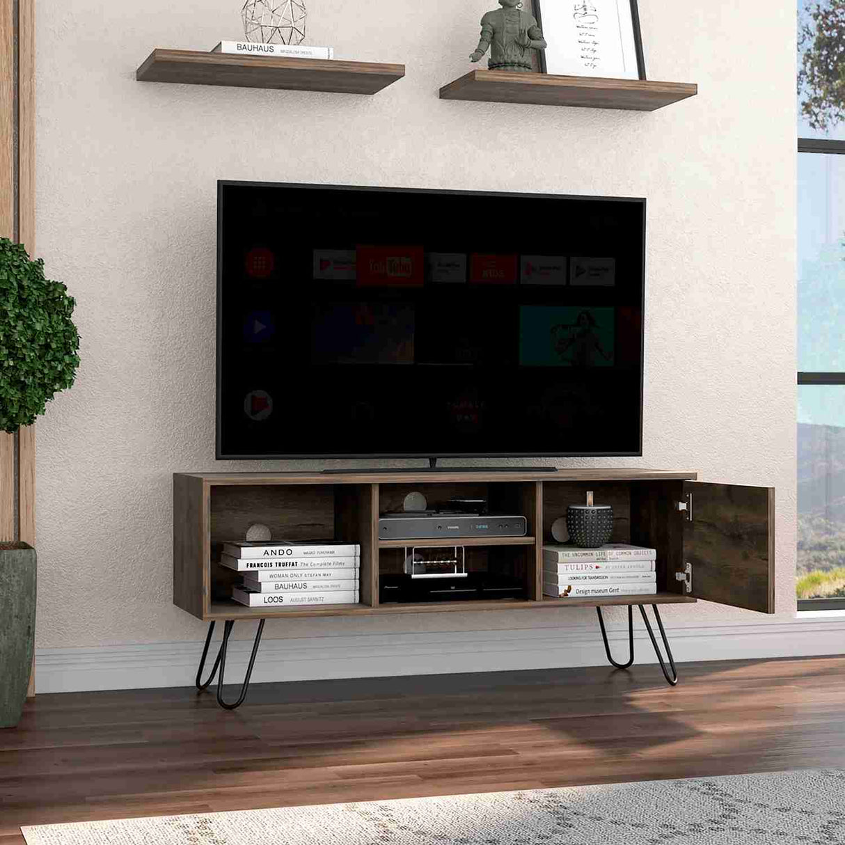 Mesa para TV Andorra Bellota 115x50cm Para TV Hasta 50 Pulgadas con Un Cajón con Ranuras para Cables y con Patas - Muebles de TV | Bylmo