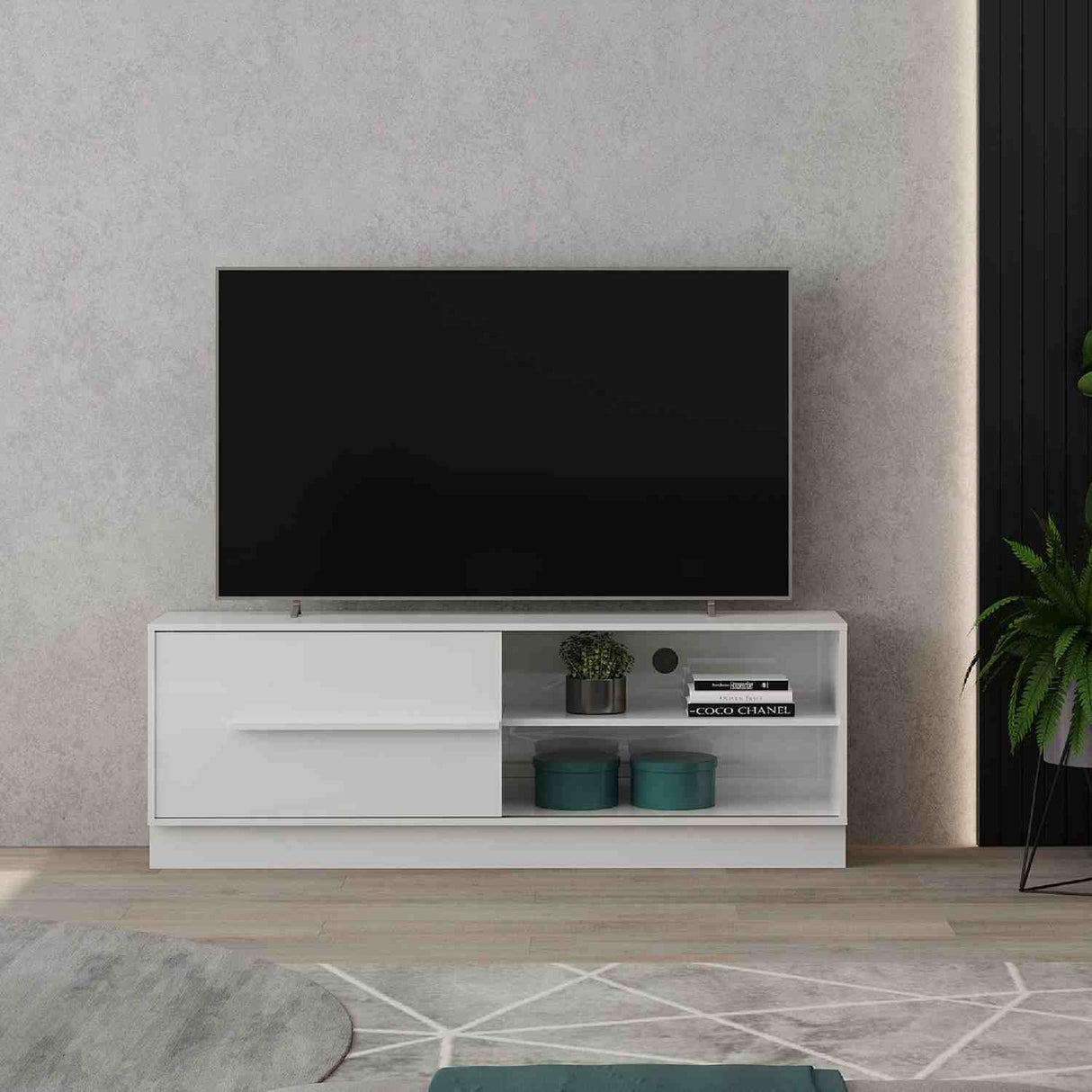 Mesa para TV Hawai Blanco 155x55cm Para TV Hasta 60 Pulgadas con Un Cajón y con Ranuras para Cables - Muebles de TV | Bylmo