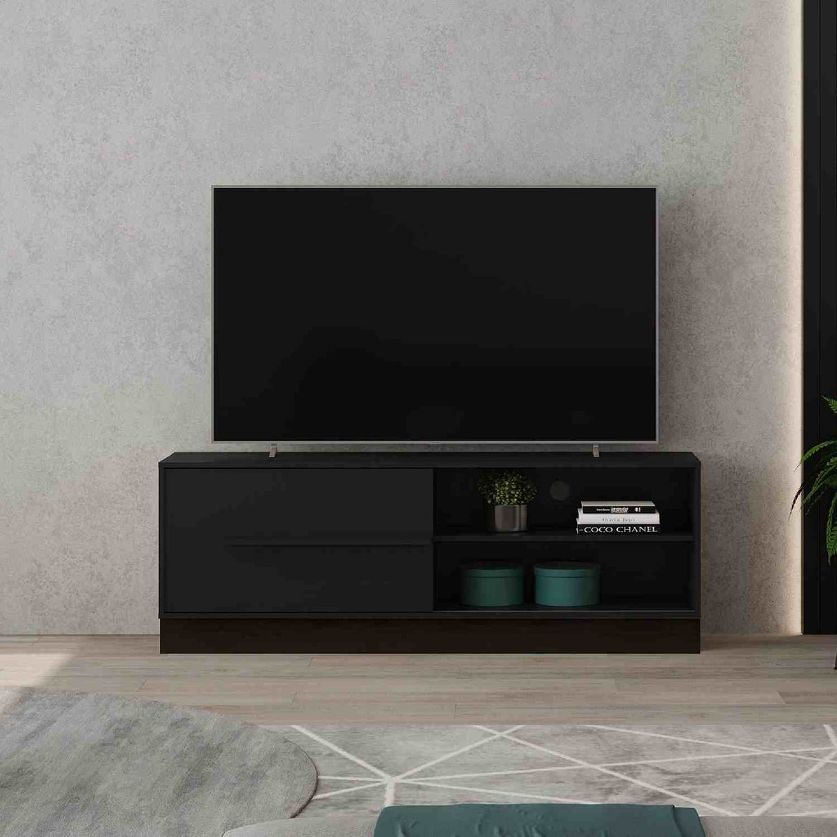 Mesa para TV Hawai Negro 155x55cm Para TV Hasta 60 Pulgadas sin Cajones y con Ranuras para Cables - Muebles de TV | Bylmo