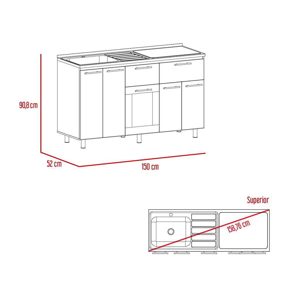 Mueble Inferior Izquierda Hasselt Rovere y Gris 150 cm con Mesón - Cocinas | Bylmo