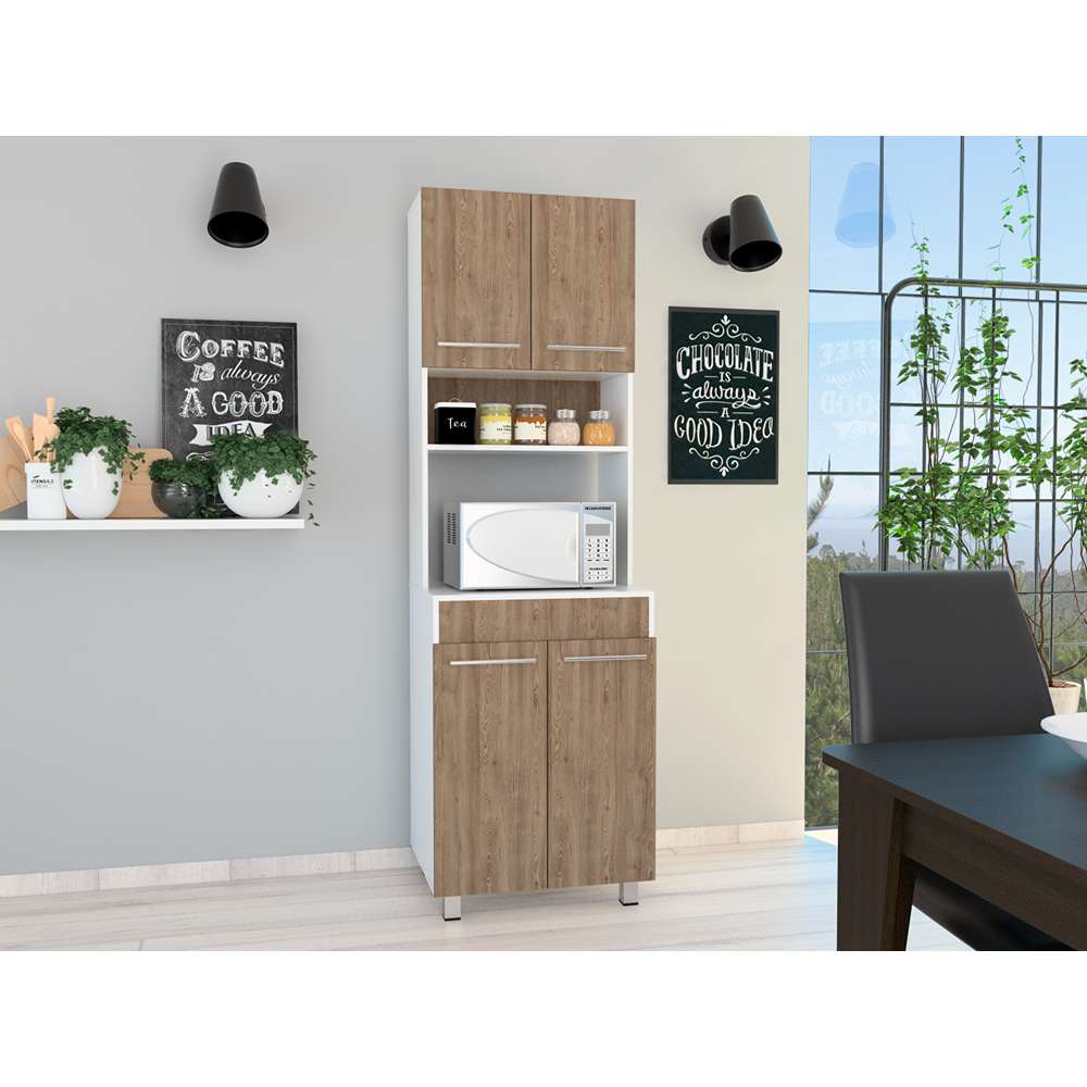 Mueble Microondas Bari Miel y Blanco 60 cm con Cuatro Puertas y Entrepaño - Muebles Organizadores | Bylmo