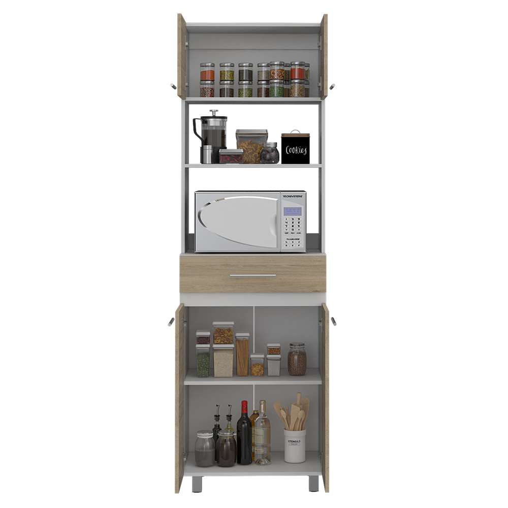 Mueble Microondas Luna Rovere y Blanco 62 cm con Cuatro Puertas, Entrepaño y Un Cajón - Muebles Organizadores | Bylmo