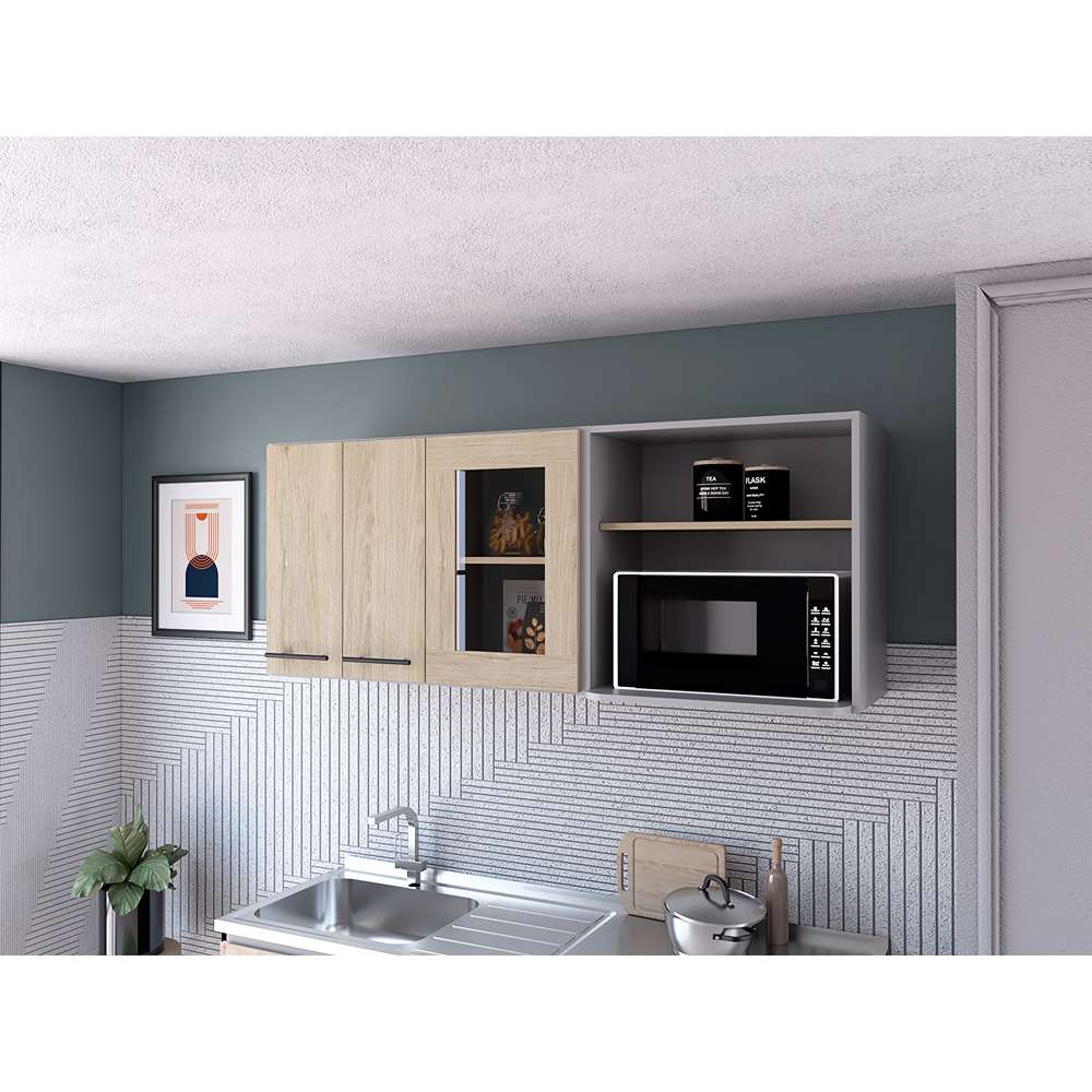 Mueble Superior de Cocina Hasselt Plus Rovere y Gris 150x60cm con Tres Puertas con Locero y con Espacio para Microondas - Cocinas | Bylmo