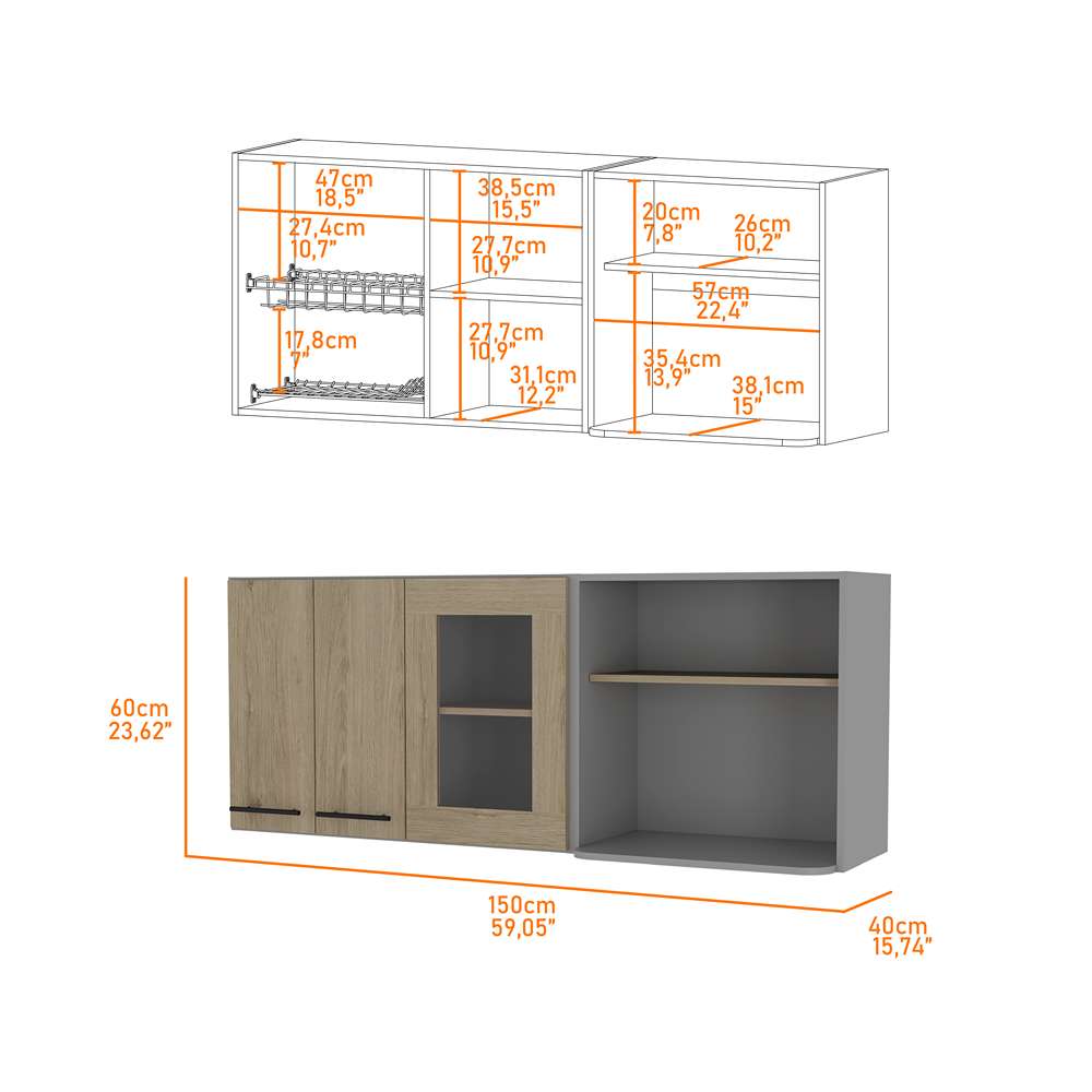 Mueble Superior de Cocina Hasselt Plus Rovere y Gris 150x60cm con Tres Puertas con Locero y con Espacio para Microondas - Cocinas | Bylmo