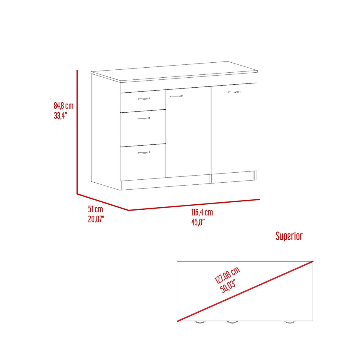 Mueble Auxiliar de Cocina Grecia Coñac 116 cm con Tres Cajones, un Cajón Grande y un Cajón Móvil - Barras y Muebles Auxiliares | Bylmo