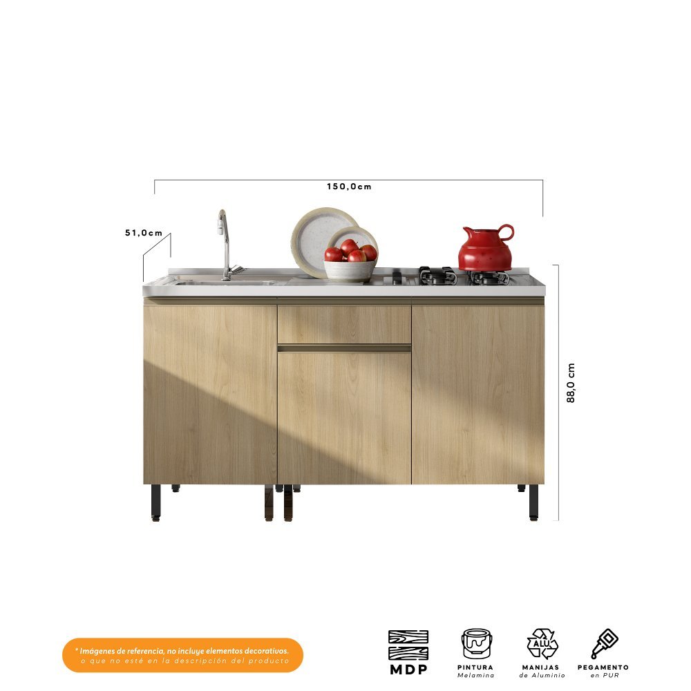 Mueble Inferior Santiago Macadamia 150 cm Izquierda con Mesón - Cocinas | Bylmo