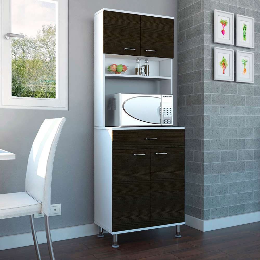 Mueble Microondas Kitchen Blanco 60x169cm con Cuatro Entrepaños y Cinco Compartimientos - Muebles Organizadores | Bylmo