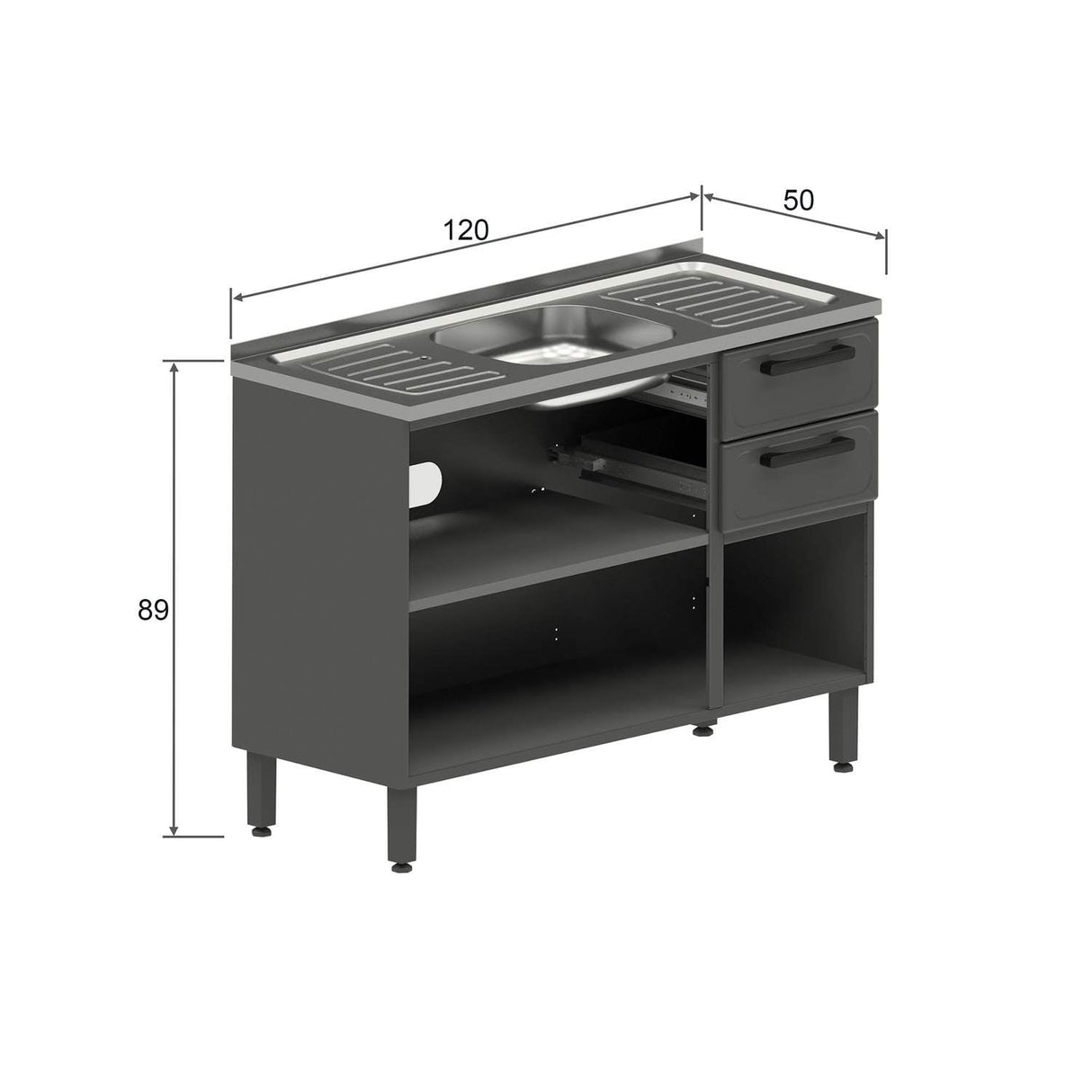 Mueble Inferior Baqui con Lavaplatos Central, Dos Puertas y Tres Cajones Gris 120 cm - Muebles Inferiores | Bylmo