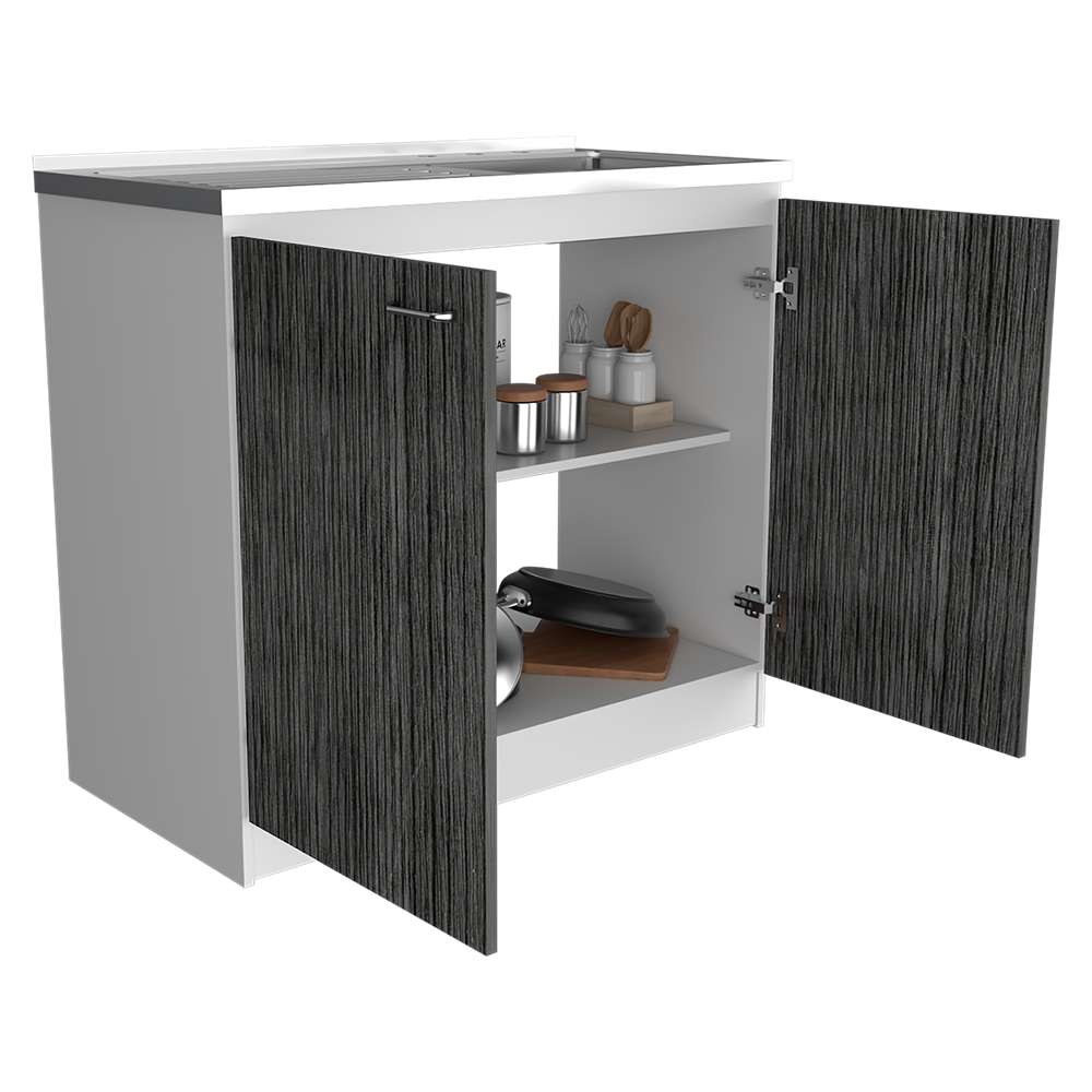 Mueble Inferior Napoles Blanco Nevado y Roble Gris 100x90cm con Mesón de Acero Inoxidable y con Pozuelo Lado Derecho - Cocinas | Bylmo