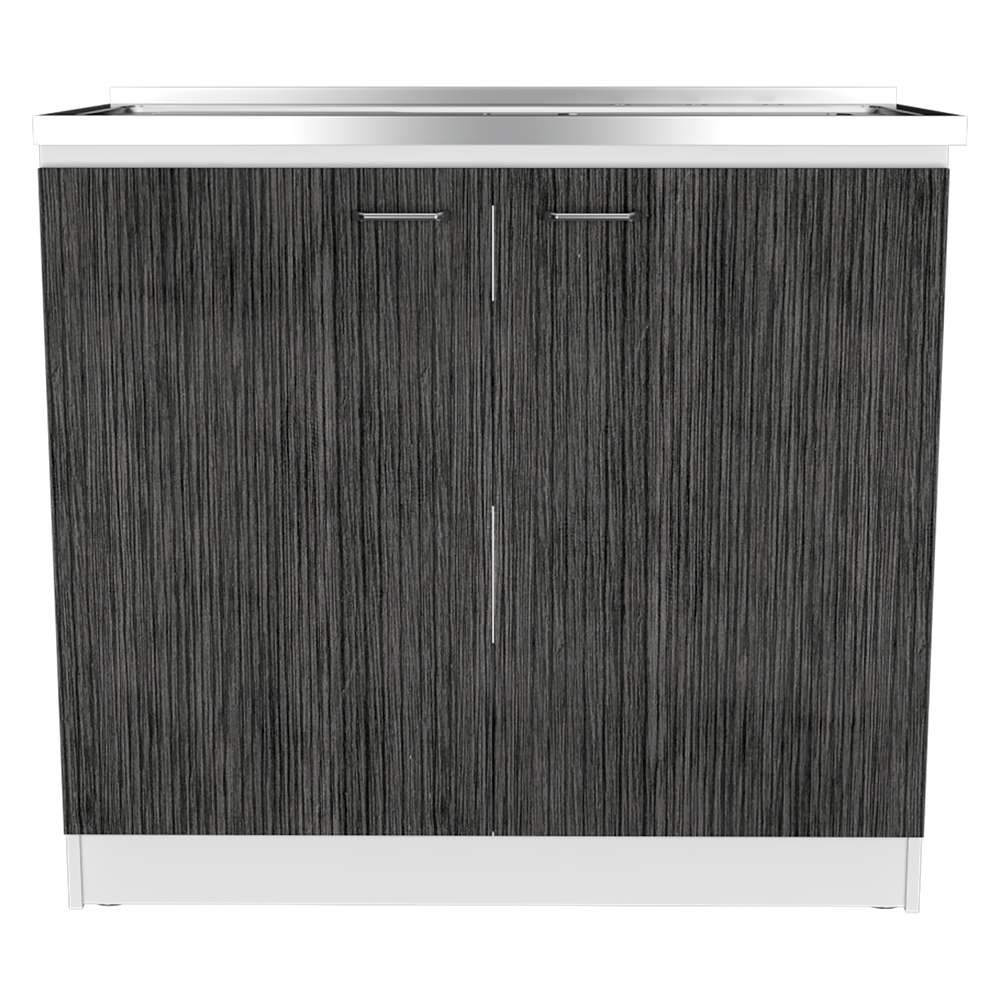 Mueble Inferior Napoles Blanco Nevado y Roble Gris 100x90cm con Mesón de Acero Inoxidable y con Pozuelo Lado Derecho - Cocinas | Bylmo