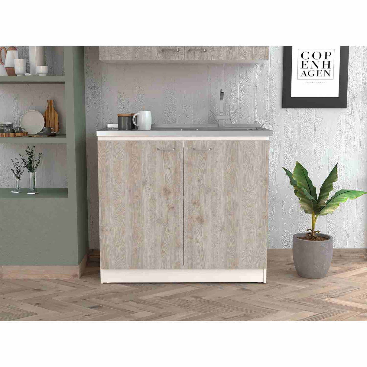 Mueble Inferior Napoles Blanco y Ceniza 100x90cm con Mesón de Acero Inoxidable y con Pozuelo Lado Derecho - Muebles Inferiores | Bylmo